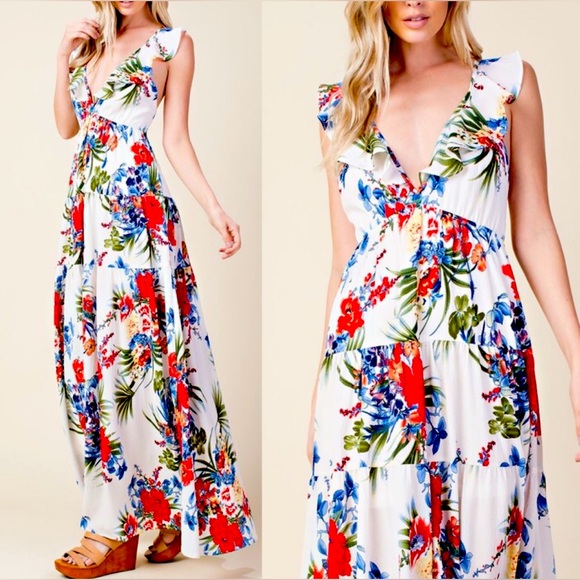 L Love Floral V-Neck Open Tie-Back Maxi Dress – Size Medium - Picture 2 of 15